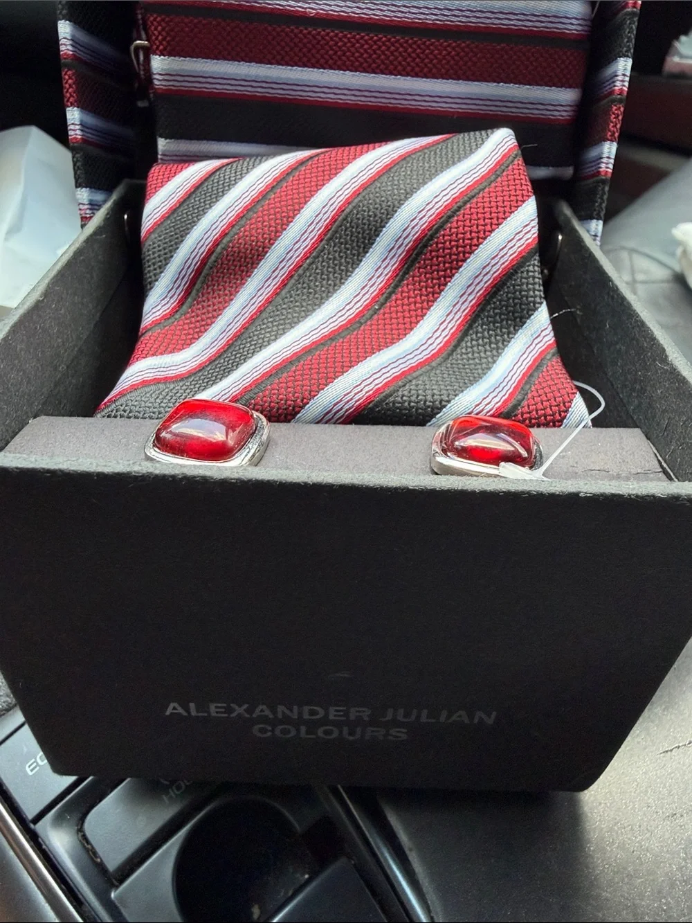 Alexander Julian Colours Hand Made Woven Tie Set - Red, Black & White Striped